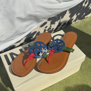 Tory Burch Multicolor Brown Sandals with Blue, Red & Green Details